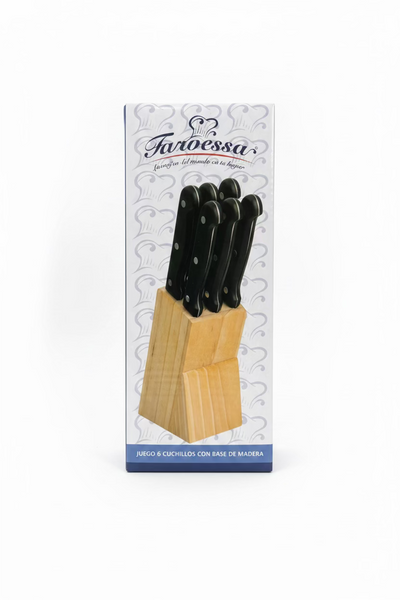 Juego de 6 Cuchillos Fileteros con Mango Negro y Base de Madera Travessa
