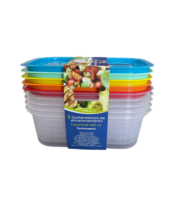 SET DE 5 CONTENEDORES DE ALMACENAMIENTO 850 ML TECHNOWARE