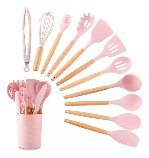 JUEGO ROSA 12 UTENSILIOS COCINA SILICON